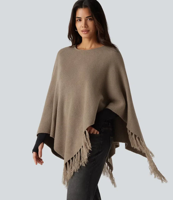 Boat Neck Fringe Poncho Cape Casual Sweater