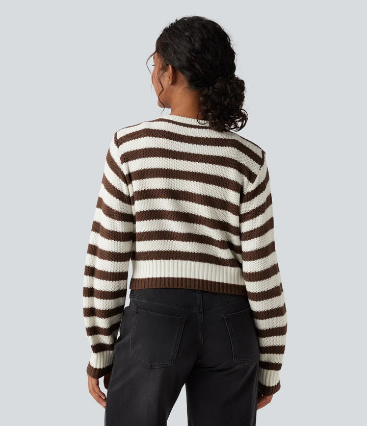 Round Neck Long Sleeve Stripe Work Cardigan