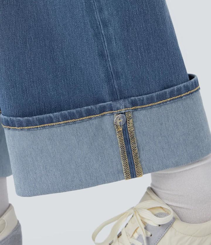 Halara Flex High Waisted Pockets Adjustable Hem Wide Leg Washed Casual Jeans