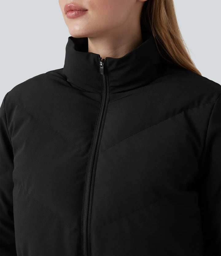 PuffFlex 3-in-1 Stand Collar Casual Cropped Puffer Coat &amp; Thumb Holes Curved Hem Jacket with Pocket