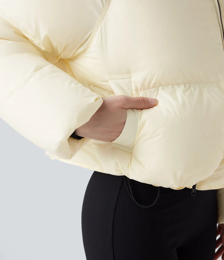 Stand Collar Drawstring Hem Casual Puffer Down Jacket with Pockets