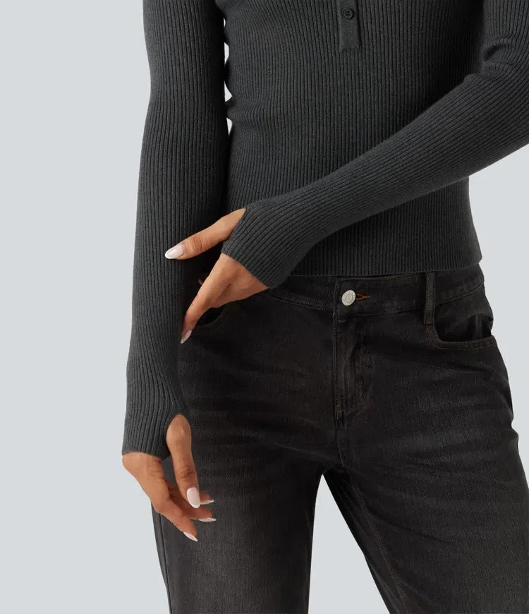Henley Neck Long Sleeve Thumb Hole Work Wool-Blend Sweater