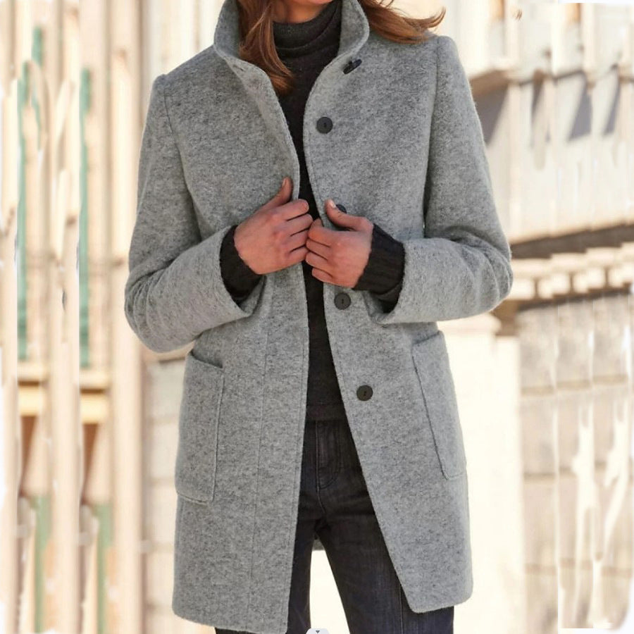 Woman in stand collar button coat