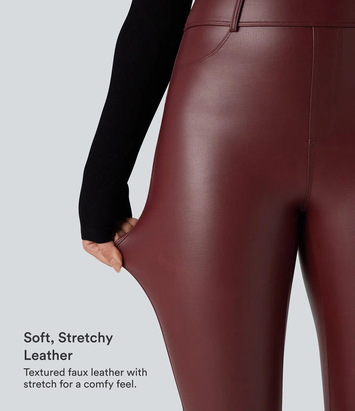 High Waisted Stretchy PU Fleece Casual Leggings with Pockets