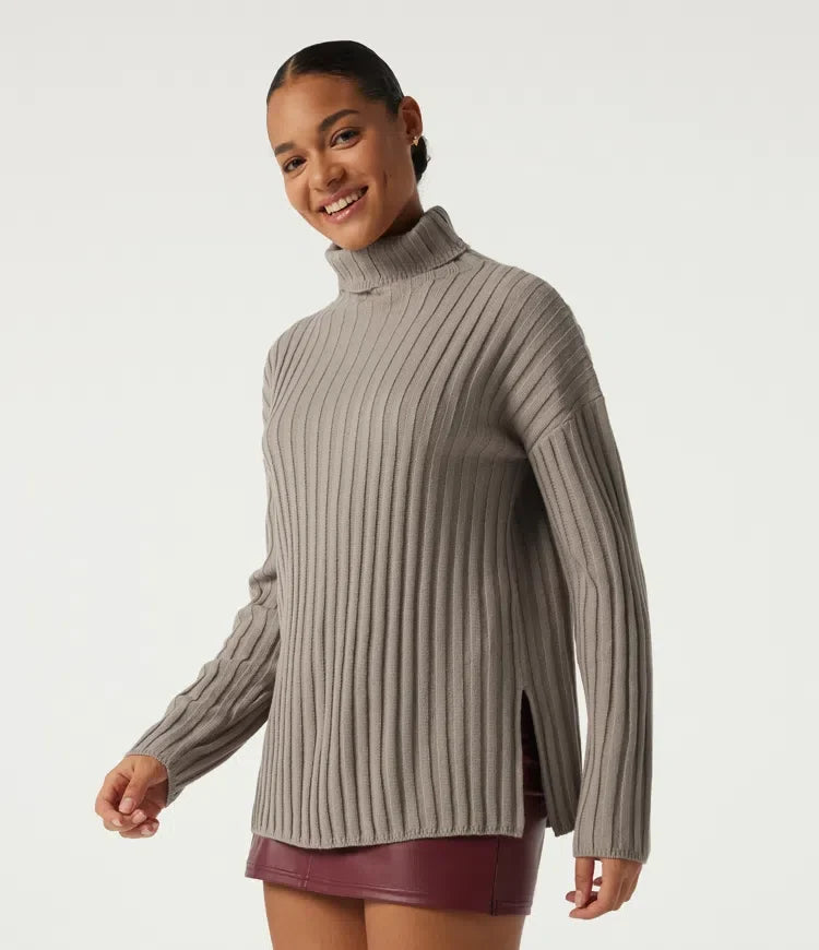 Ribbed Knit High Neck Dropped Long Sleeve Work Sweater