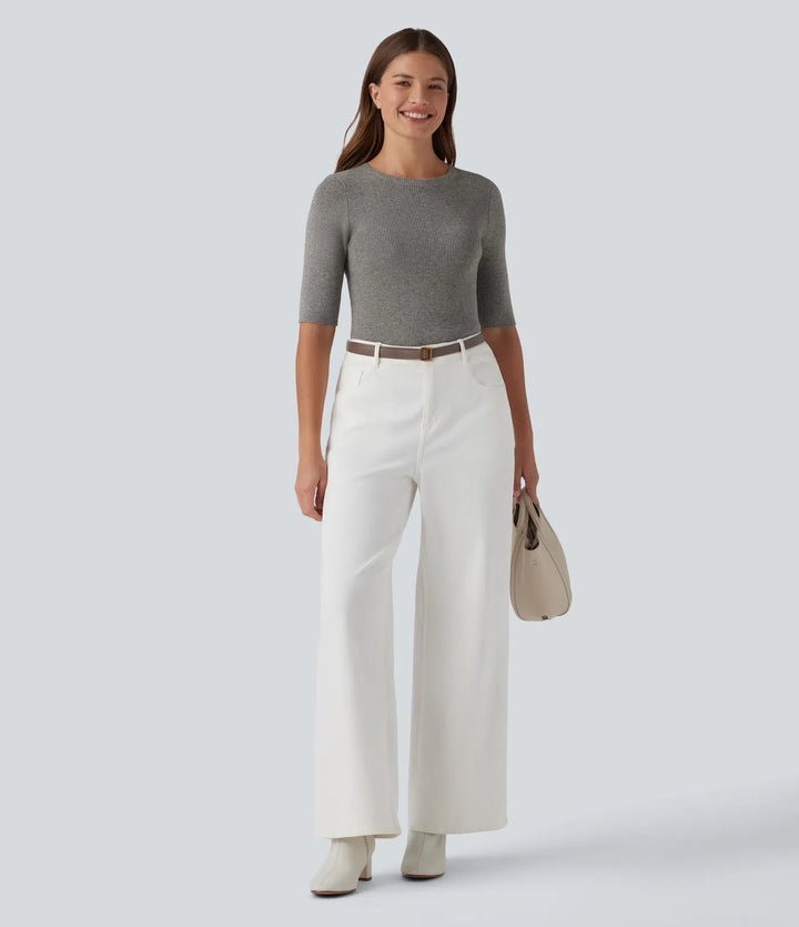 Ribbed Knit Round Neck Half Sleeve Work Sweater