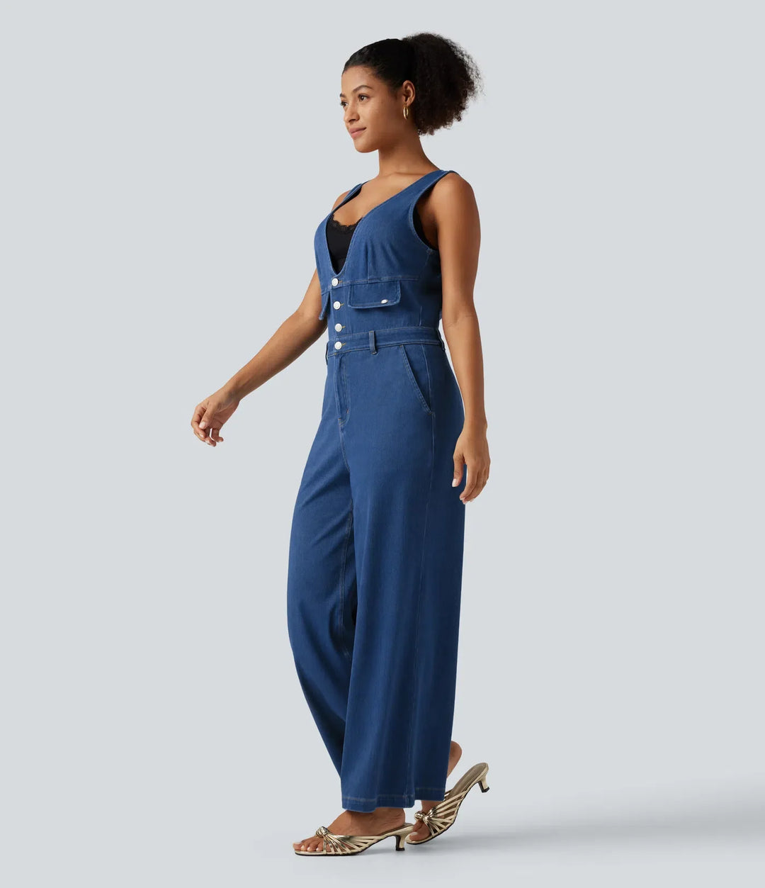 Halara Flex V Neck Wide Leg Denim Casual Jumpsuit with Pockets