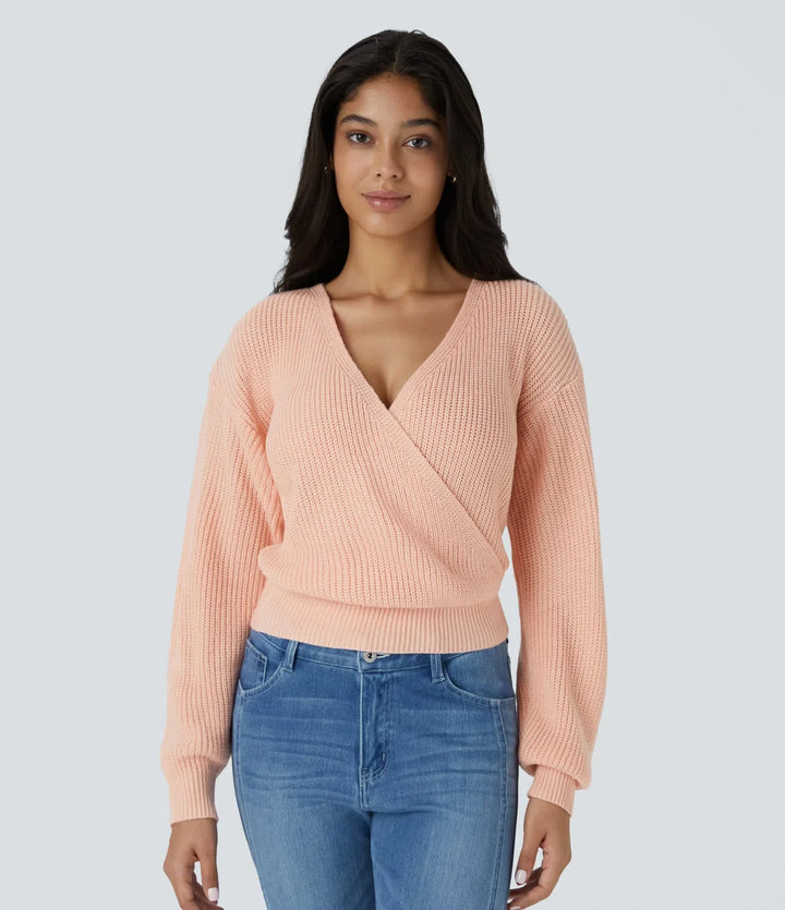 V Neck Dropped Shoulder Long Sleeve Wrapped Relaxed Casual Sweater