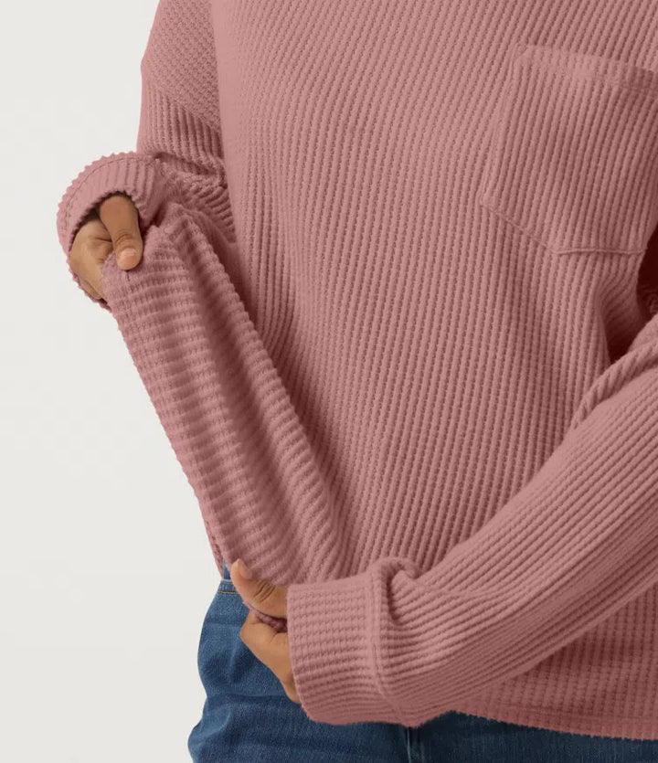 Round Neck Long Sleeve Dropped Waffle Casual Sweatshirt with Pocket