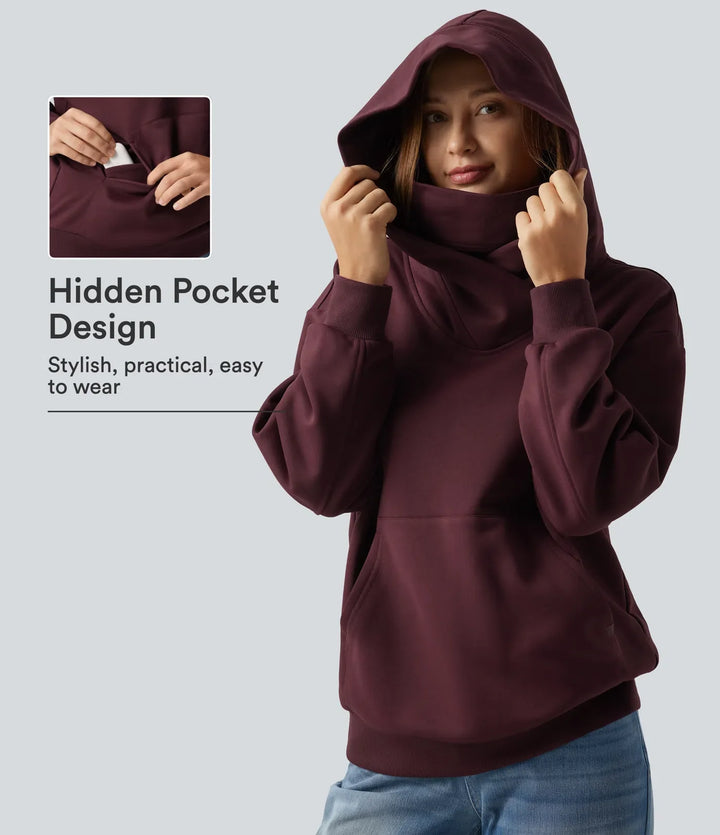 Hooded Crossover Dropped Long Sleeve Fleece Casual Sweatshirt with Pocket