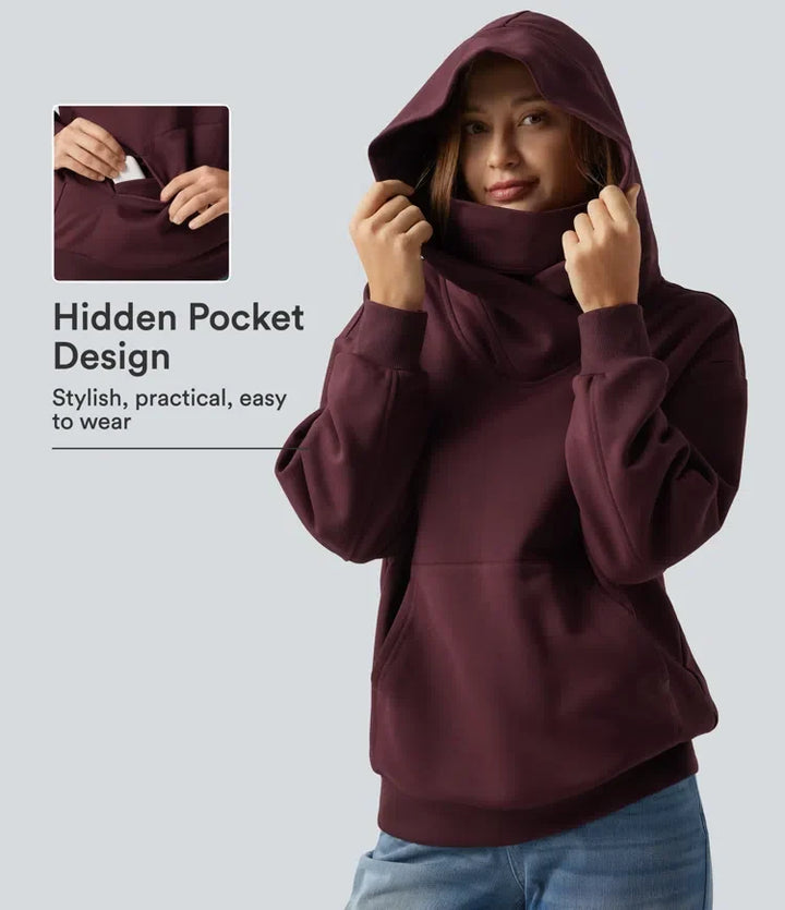 Hooded Crossover Dropped Long Sleeve Fleece Casual Sweatshirt with Pocket
