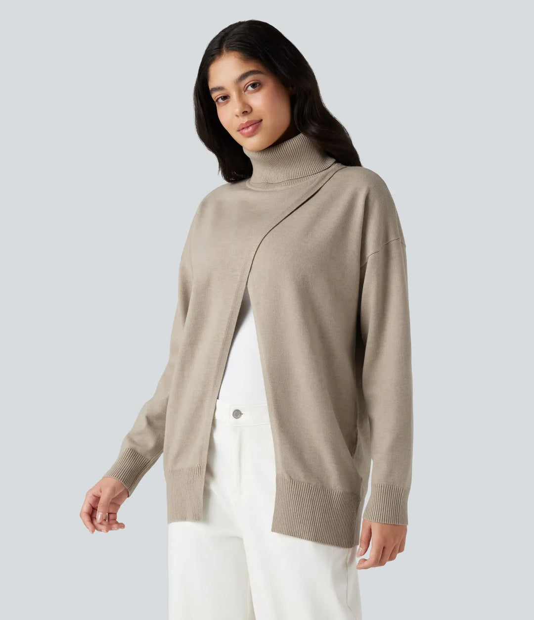 High Neck Long Sleeve Work Sweater-Front and Back Wearable