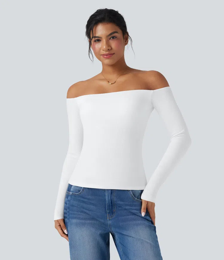 Ribbed Knit Off Shoulder Long Sleeve 2-in-1 Casual Top
