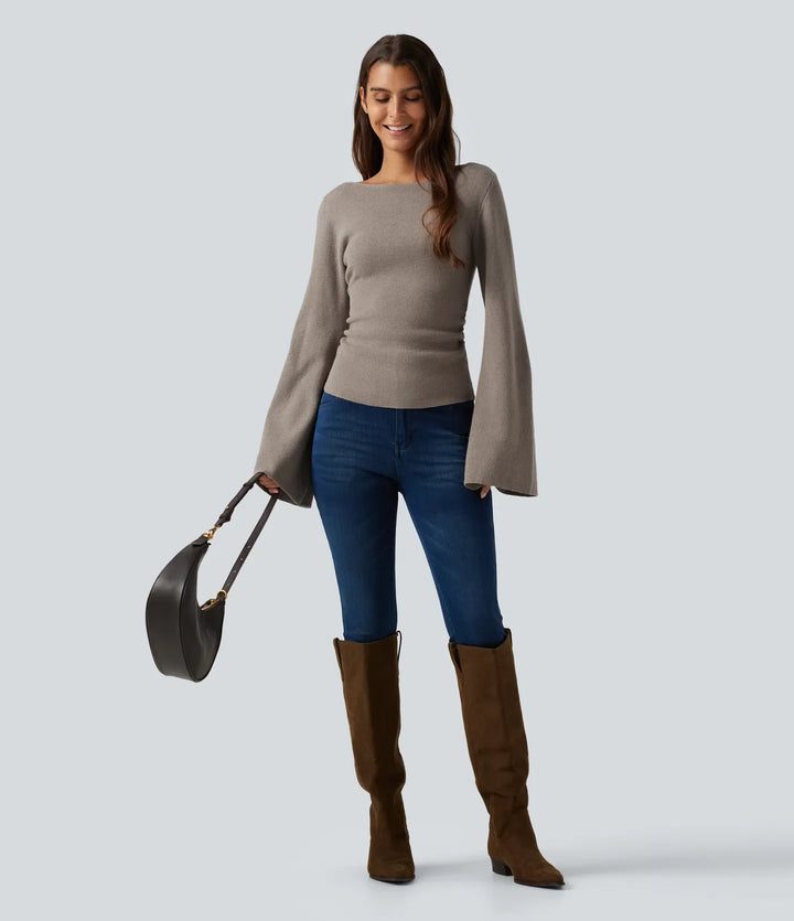 Boat Neck Flounce Long Sleeve Casual Sweater