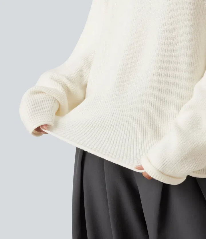 Round Neck Long Sleeve Rolled Hem Work Sweater