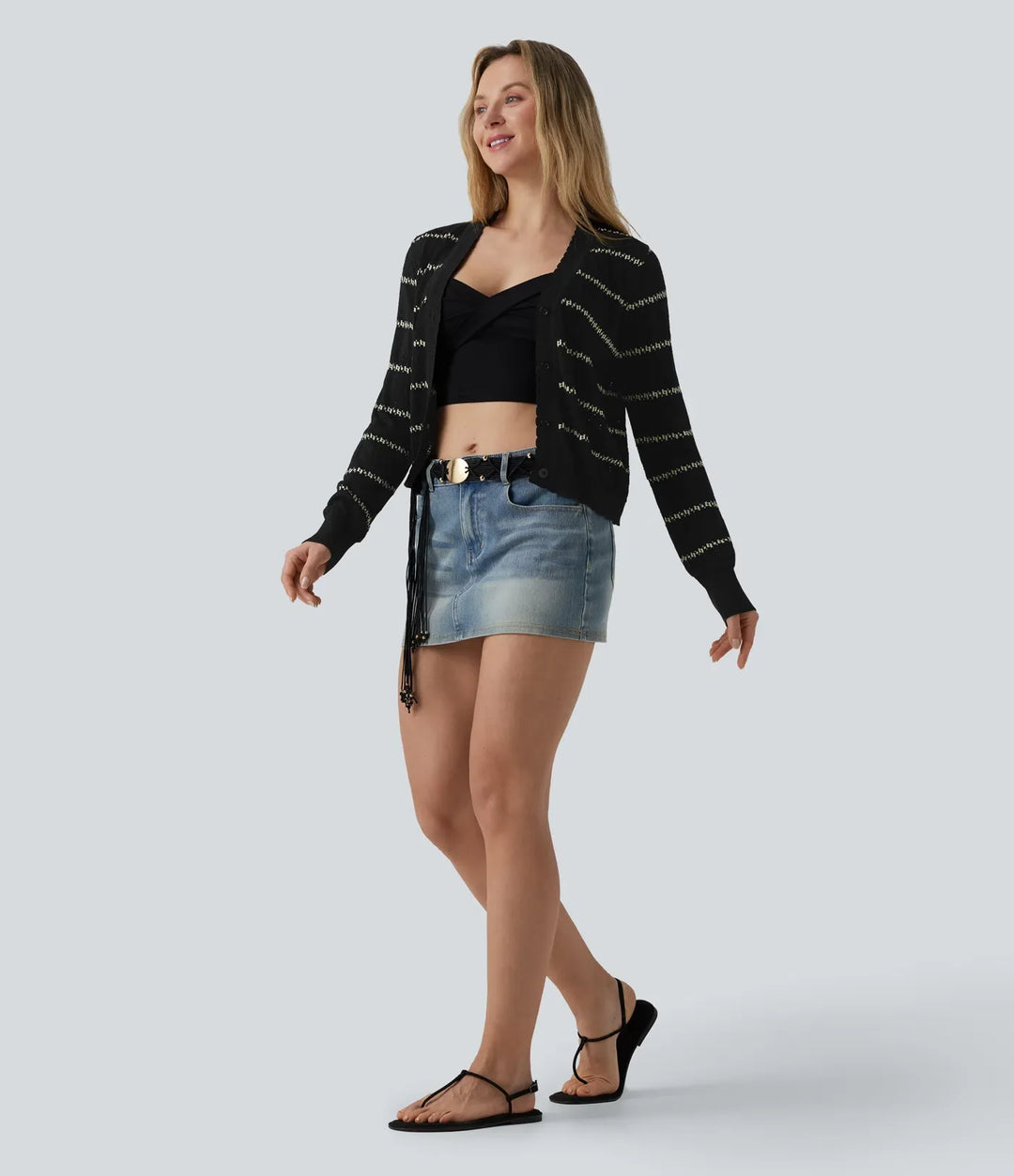 V Neck Long Sleeve Color Block Sweater Knit Cardigan