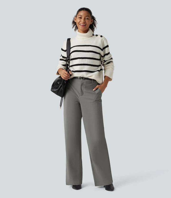 Wrinkle Recovery Mid Rise Straight Leg Work Pants with Pockets