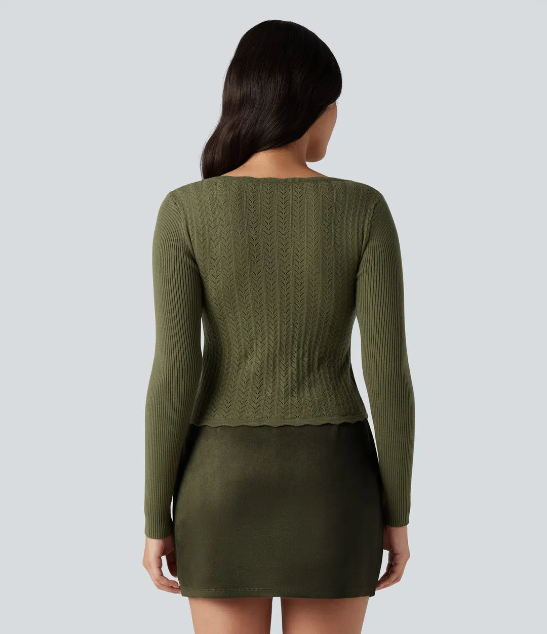 U-Neck Long Sleeve Scallop Trim Casual Sweater