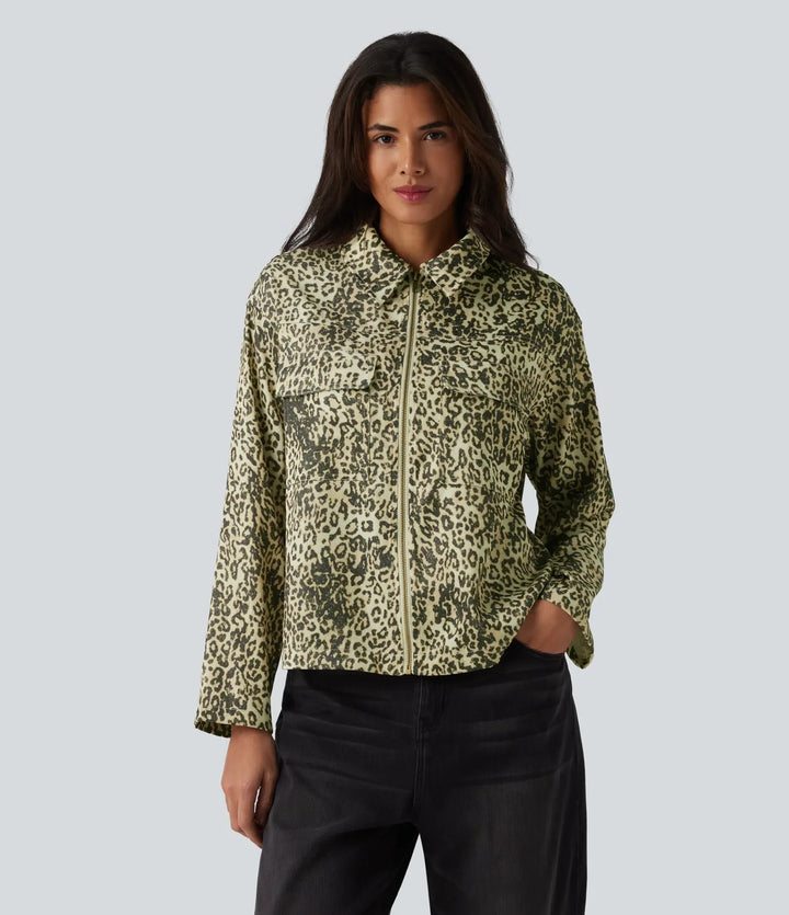 Long Sleeve Zipper Leopard Print Casual Jacket with Pockets