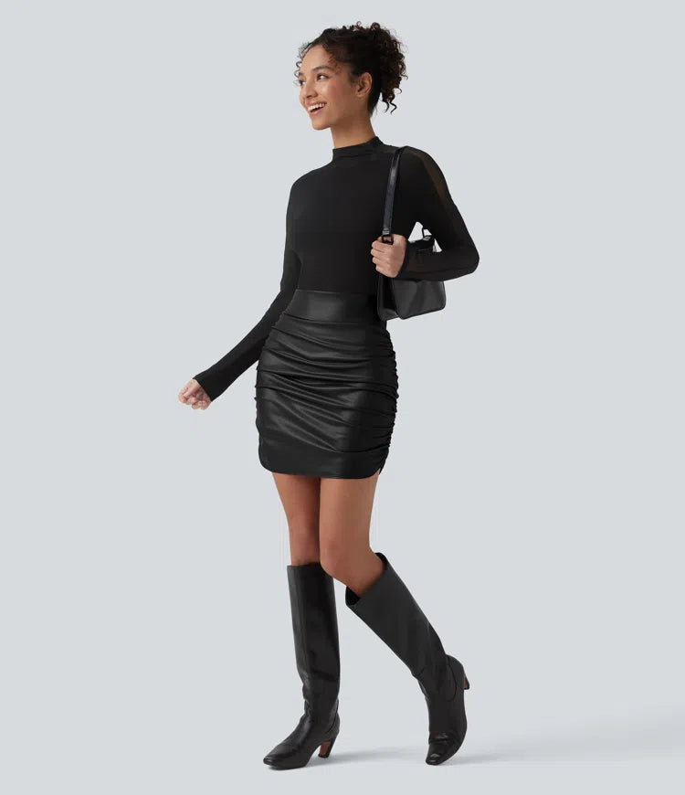 High Waisted Tummy Control Ruched Curved Hem 2-in-1 Fleece PU Mini Bodycon Party Skirt-Longer Length