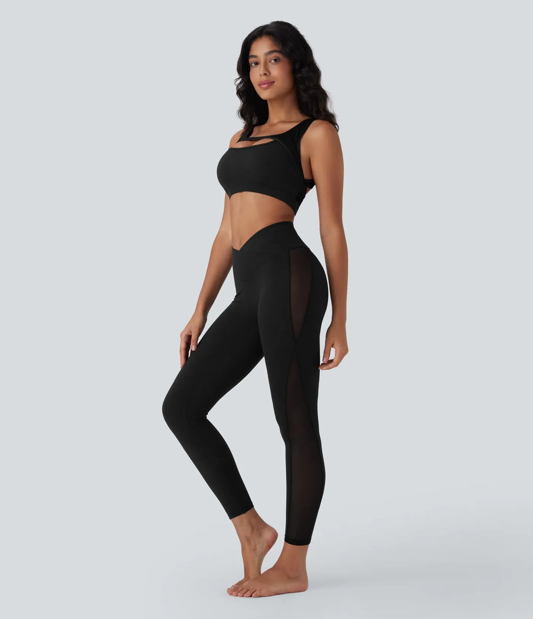 SoftlyZero Crossover High Waisted Contrast Mesh Yoga Leggings with Pocket