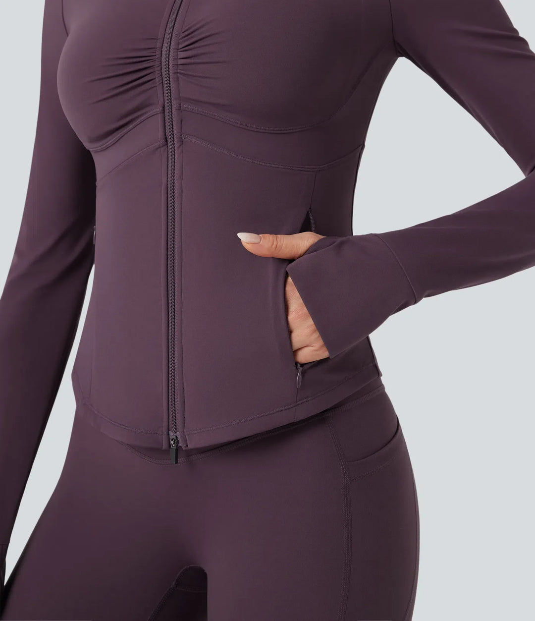 Halara UltraSculpt Mock Neck Ruched Push-Up Long Sleeve Thumb Hole Yoga Jacket with Pockets