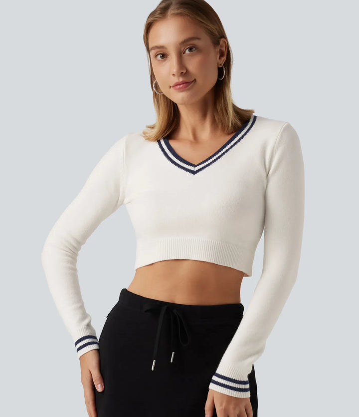 V Neck Slim Long Sleeve Patterned Casual Cropped Sweater