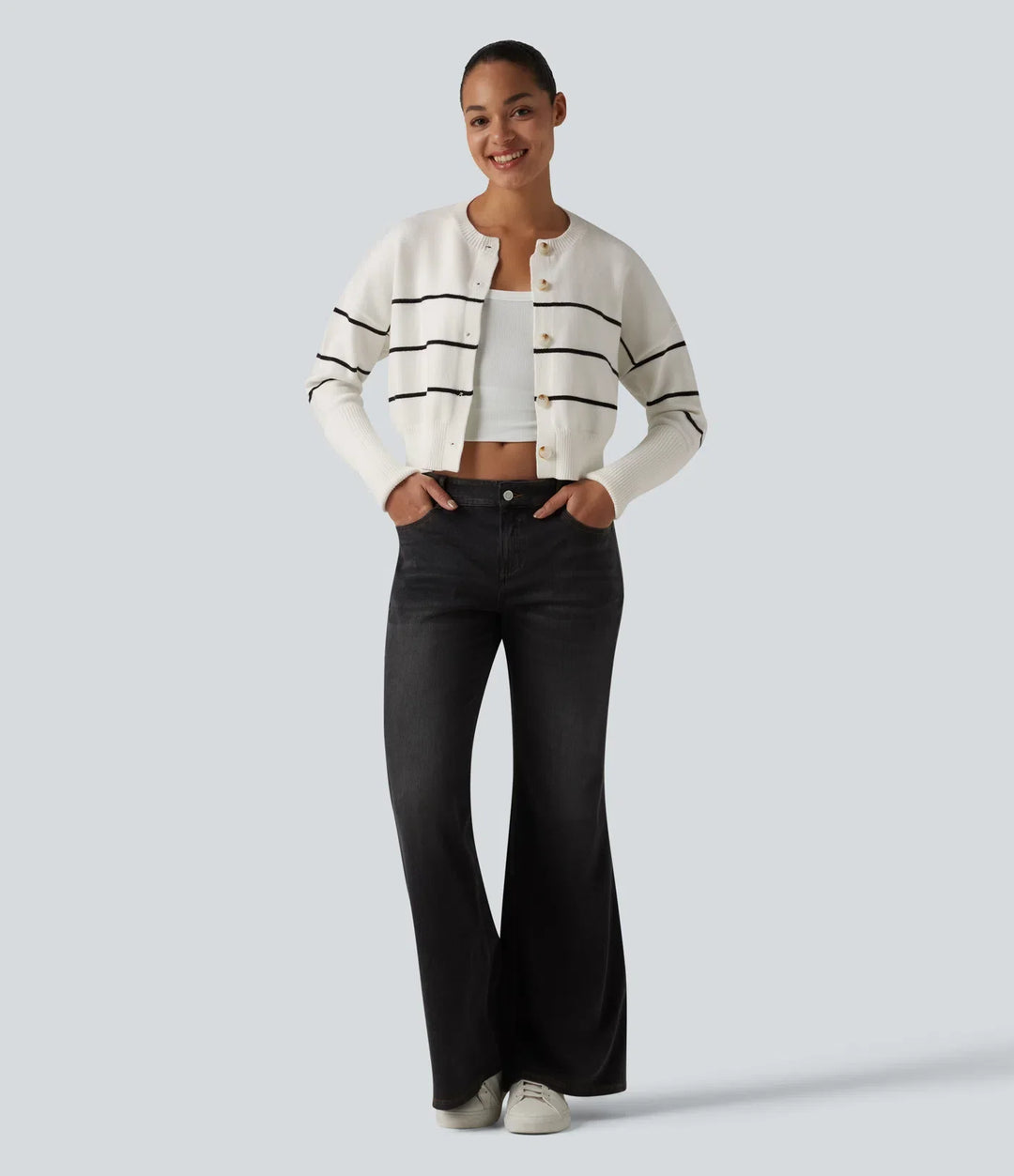 Round Neck Long Sleeve Stripe Casual Cardigan