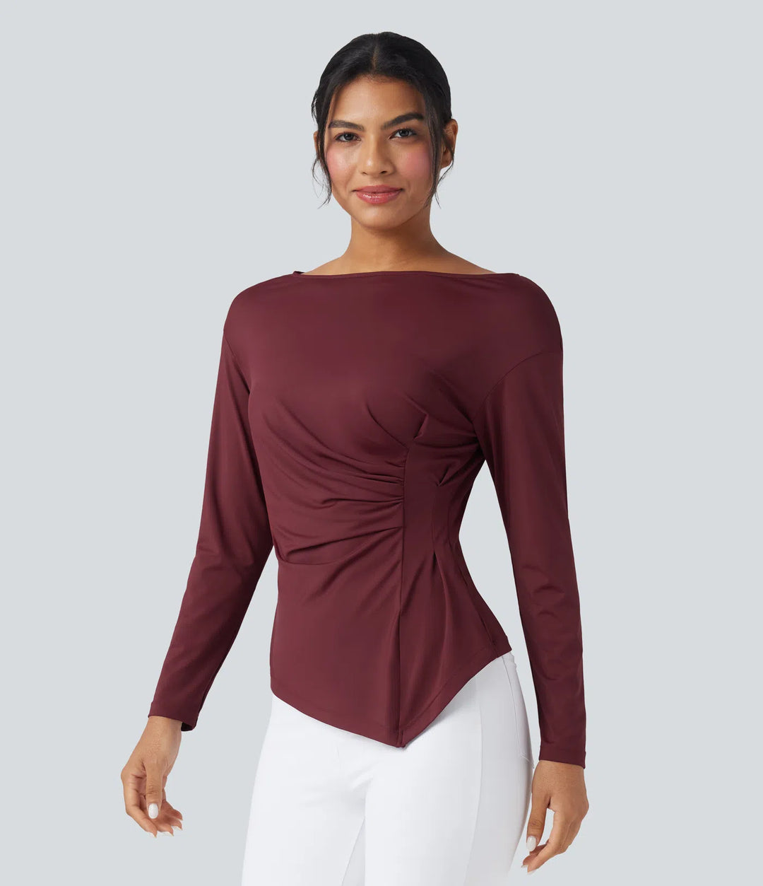 Boat Neck Long Sleeve Ruched Asymmetrical Hem Slim Work Blouse