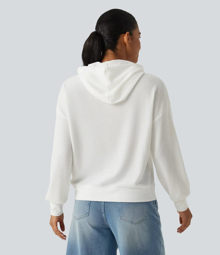 Hooded Drop Shoulder Long Sleeve Waffle Casual Sweatshirt