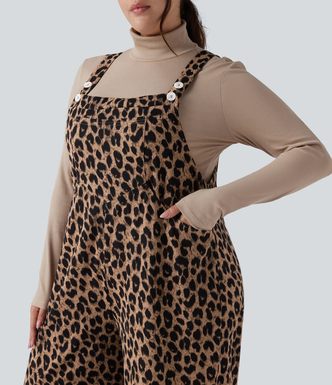 Leopard Print Waffle Casual Plus Size Overalls with Pockets
