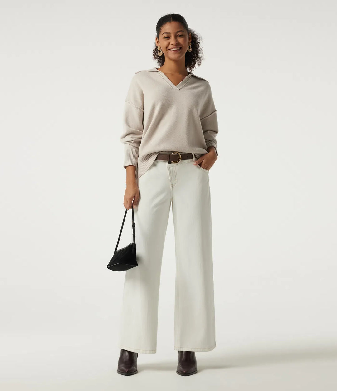 Polo Neck Long Sleeve Dropped Shoulder Casual Sweater