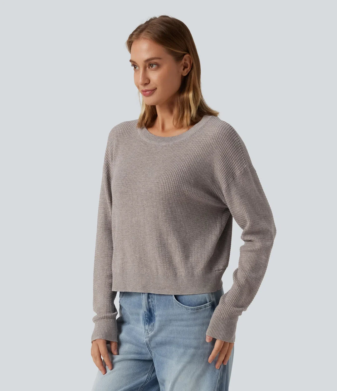 Round Neck Long Sleeve Cut-Out Back Casual Sweater