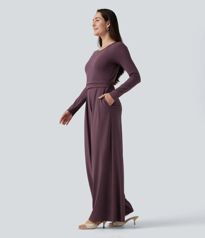 Round Neck Long Sleeve Wide Leg Casual Jumpsuit with Pockets-Easy Peezy Edition