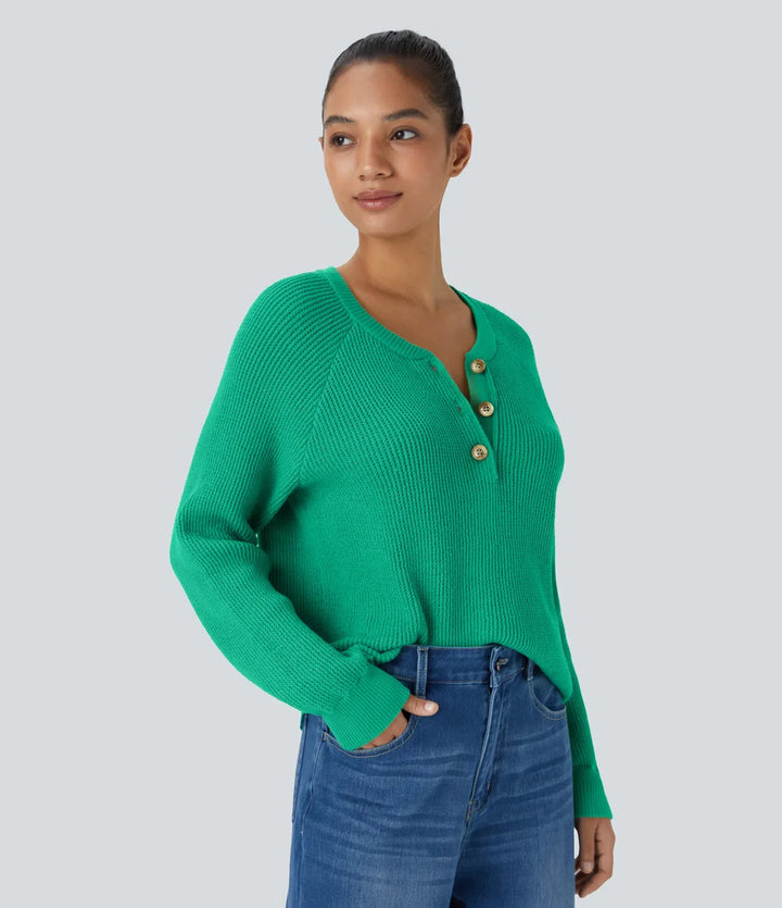 Round Neck Front Long Sleeve Casual Sweater