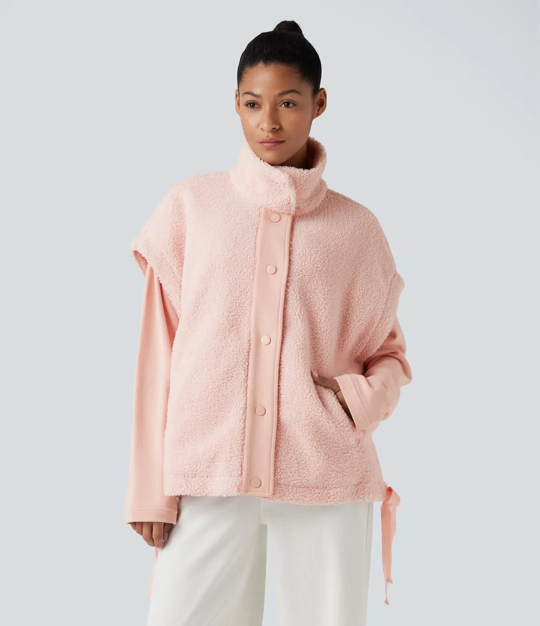 High-neck Knot 2-in-1 Casual Sherpa Jacket with Pockets