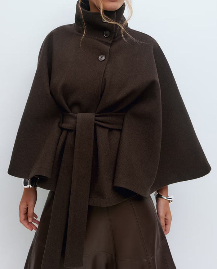 Riley | Cape Coat with High Collar, Batwing Sleeves and Belt