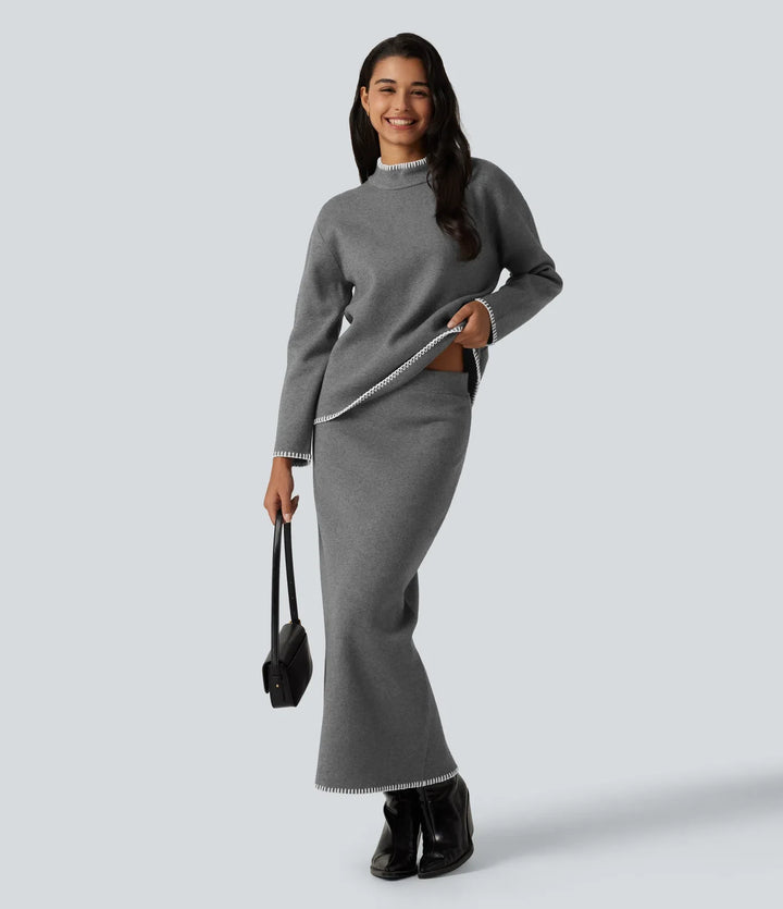 Stand Collar Long Sleeve Crochet Work Sweater