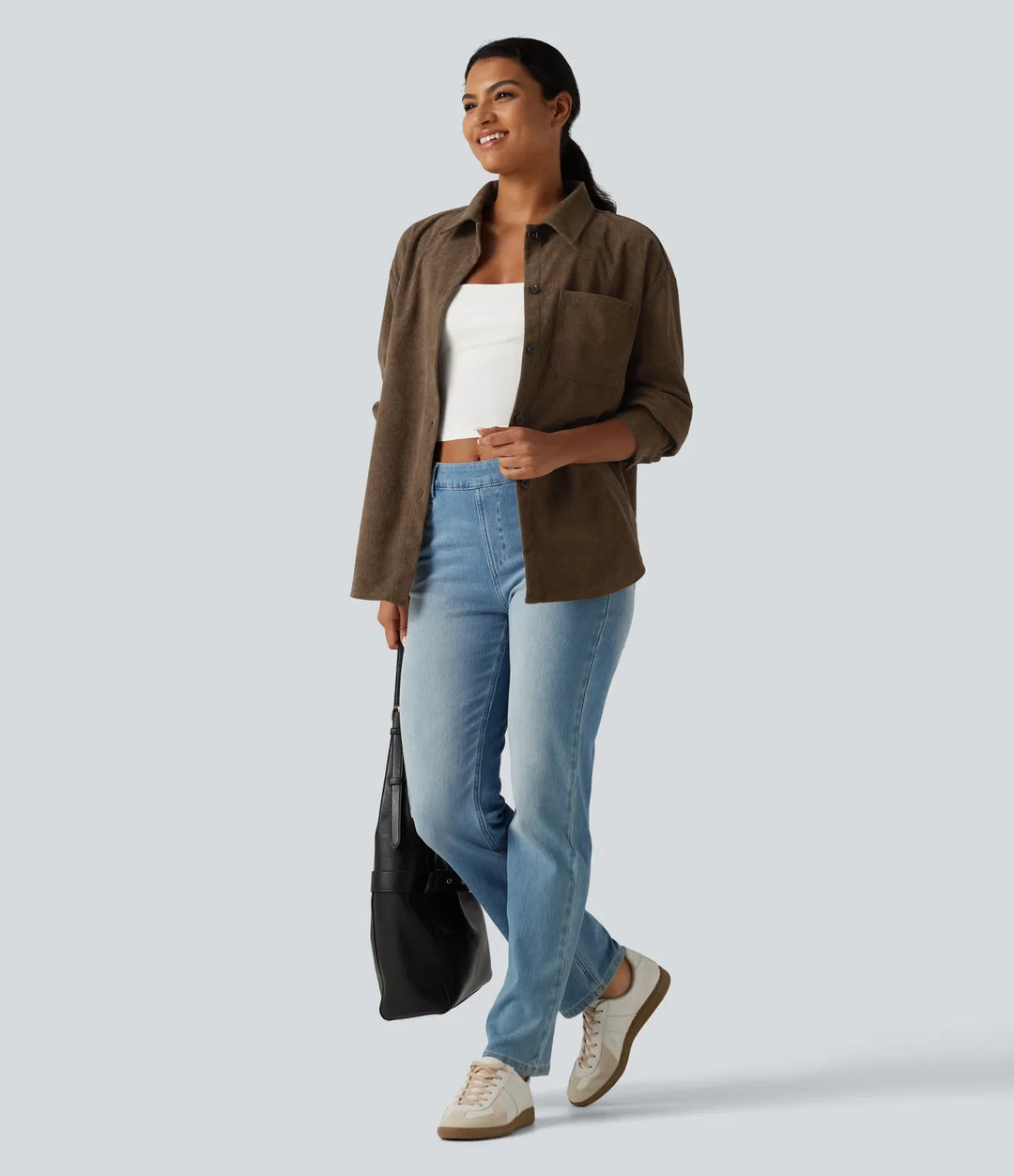 Long Sleeve Curved Hem Corduroy Casual Shirt Jacket with Pocket
