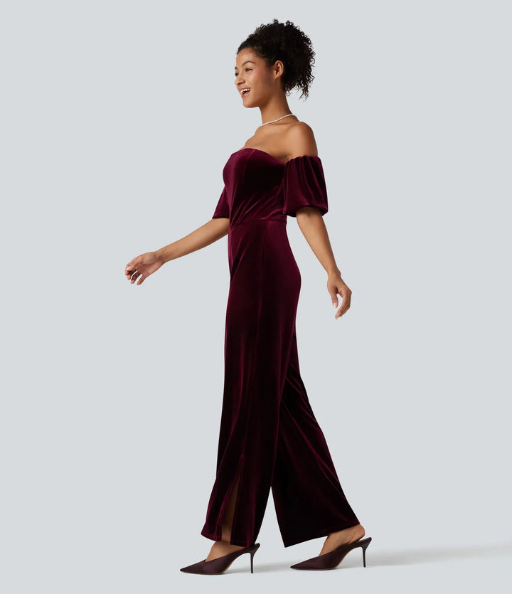 Tube Puff Sleeve Split Velvet Party Jumpsuit-Easy Peezy