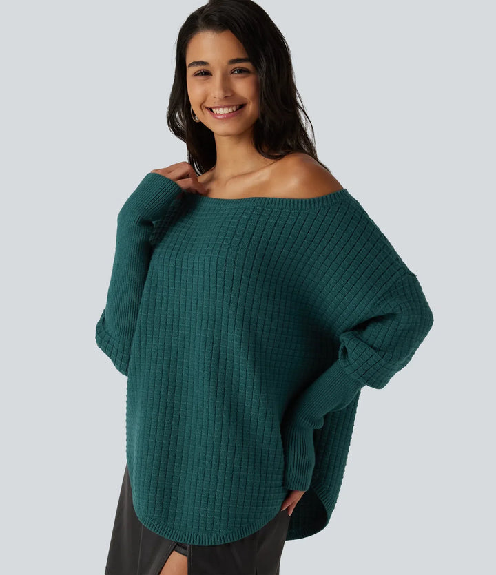 Off Shoulder Batwing Long Sleeve Work Sweater