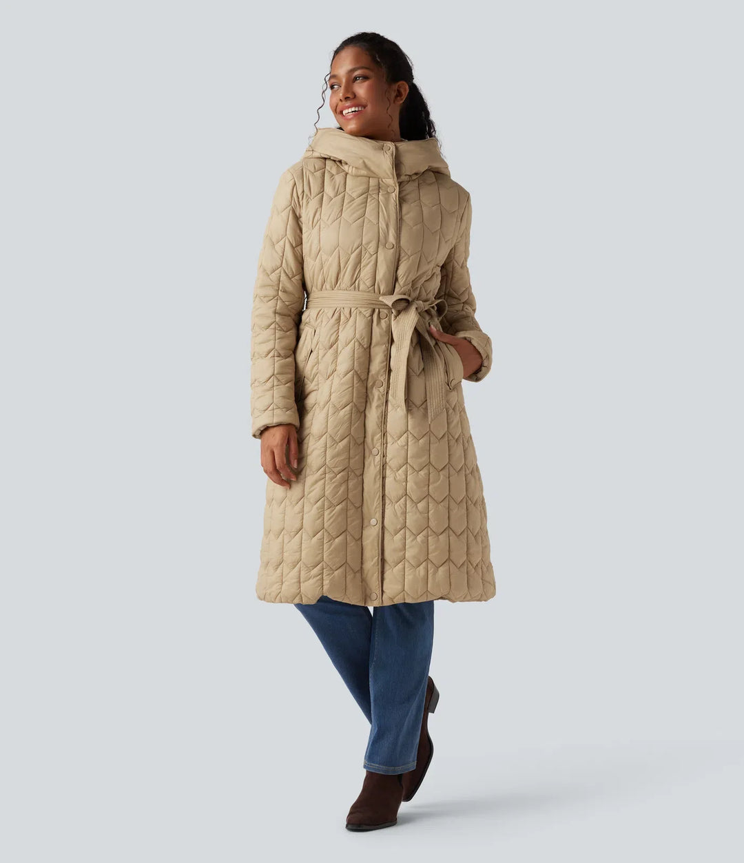 Hooded Belted Longline Casual Quilted Jacket with Pockets