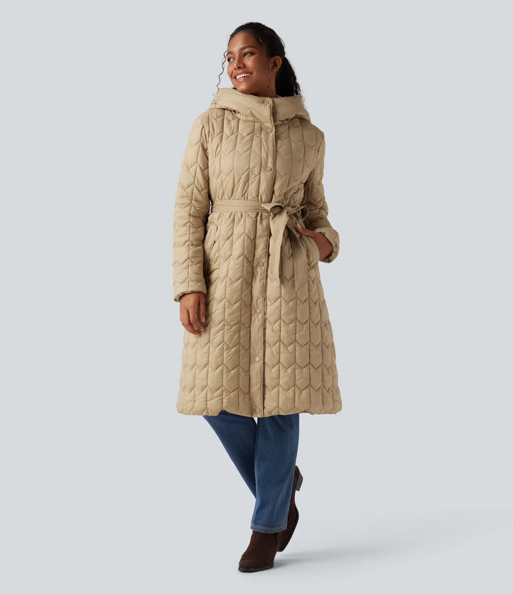 Hooded Belted Longline Casual Quilted Jacket with Pockets