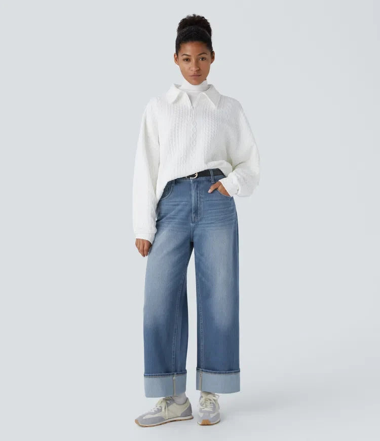 Halara Flex High Waisted Pockets Adjustable Hem Wide Leg Washed Casual Jeans
