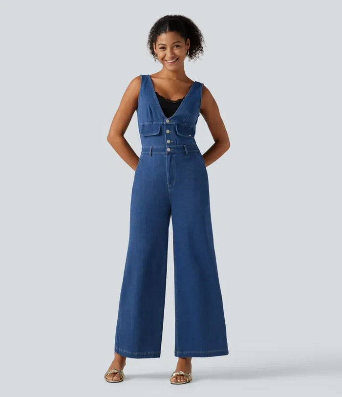 Halara Flex V Neck Wide Leg Denim Casual Jumpsuit with Pockets