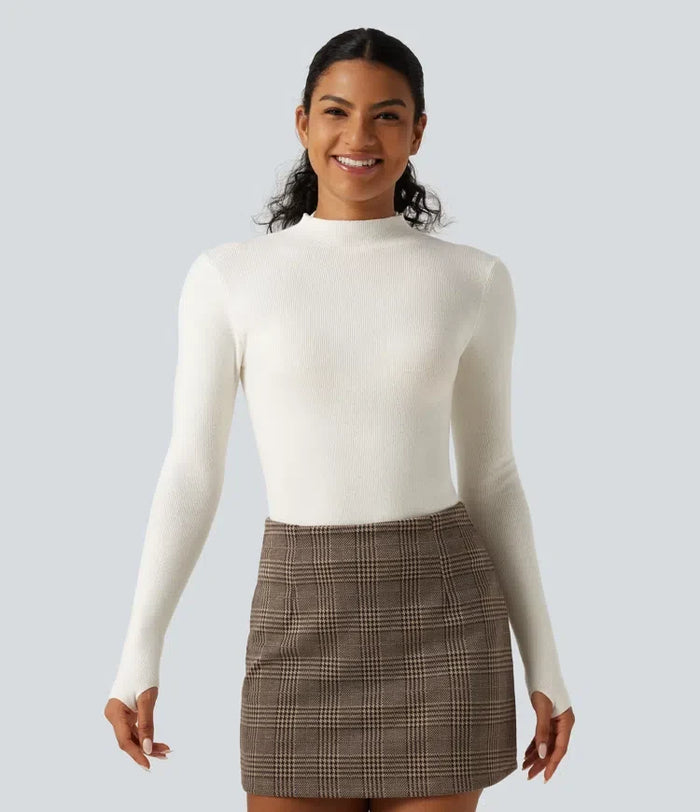 Mock Neck Long Sleeve Thumb Hole Work Wool-Blend Sweater
