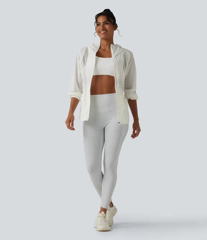 Hooded Drawstring Contrast Mesh Workout Jacket with Pockets