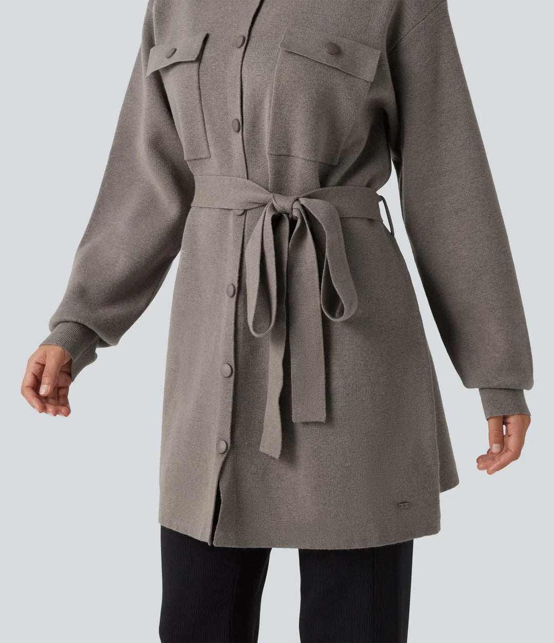 Long Sleeve Belted Longline Casual Jacket with Pockets
