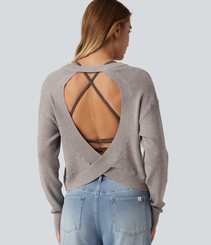 Round Neck Long Sleeve Cut-Out Back Casual Sweater