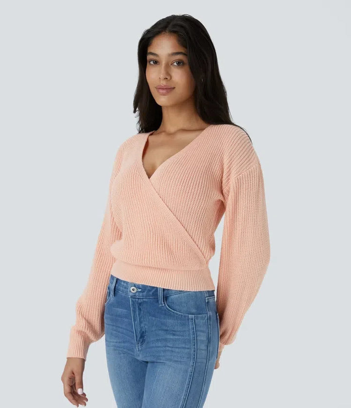 V Neck Dropped Shoulder Long Sleeve Wrapped Relaxed Casual Sweater